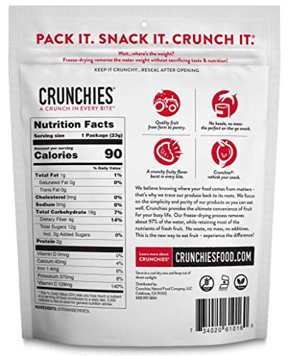 Crunchies Freeze-Dried Strawberries, 100% All Natural Snack, Non GMO and Kosher, Re-Sealable Fruit Pack, Pack of 6<br/>
